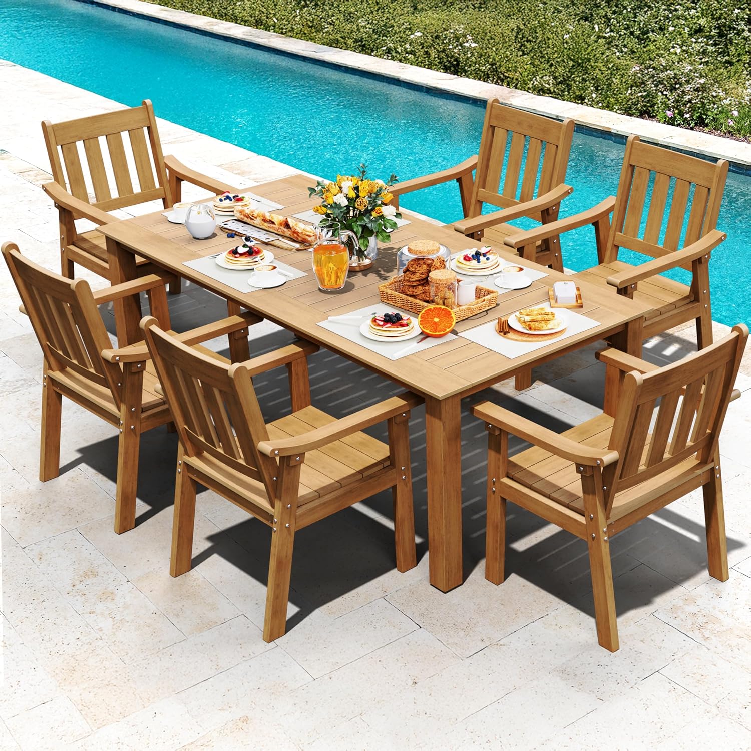 YEFU HIPS Patio Table Set: 7 Piece Outdoor Table and Chairs Dining Furniture Set with Umbrella Hole - Teak Modern Plastic Dining Sets 6 Person for Outside Deck with Metal Aluminum Frame