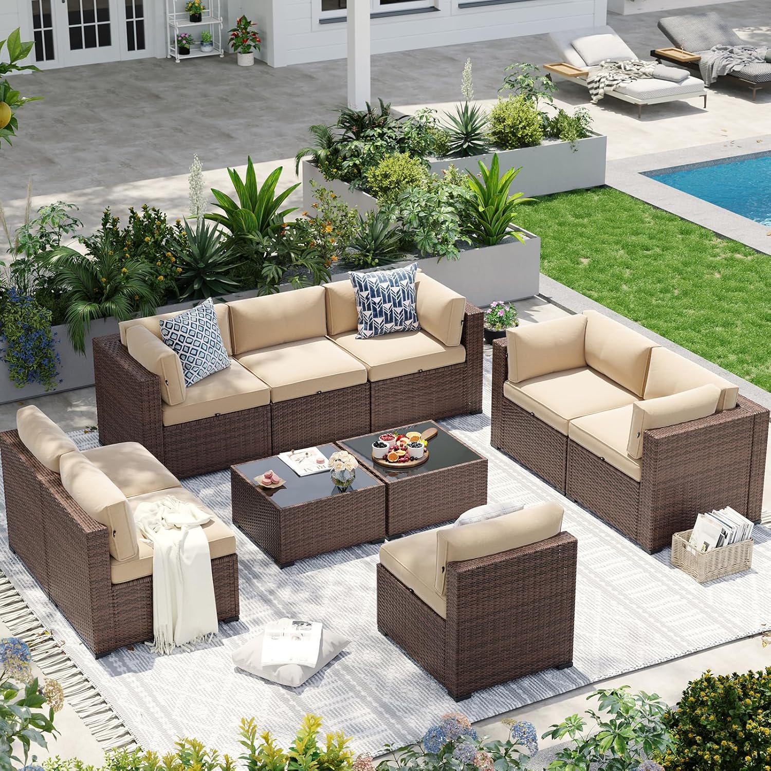 Aoxun Patio Furniture Sets, 7-Piece Outdoor Patio Furniture with Thick Cushions, Wicker Outdoor Conversation Set Sectional Sofa for Backyard, Poolside, Garden