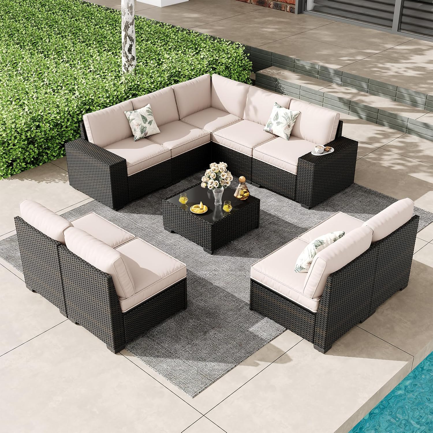 5 Pieces Outdoor Patio Furniture Set, Wicker Conversation Sets with Tea Table, Rattan Patio Sofa with Thick Cushions for Garden, Backyard, Poolside, Party, Beige
