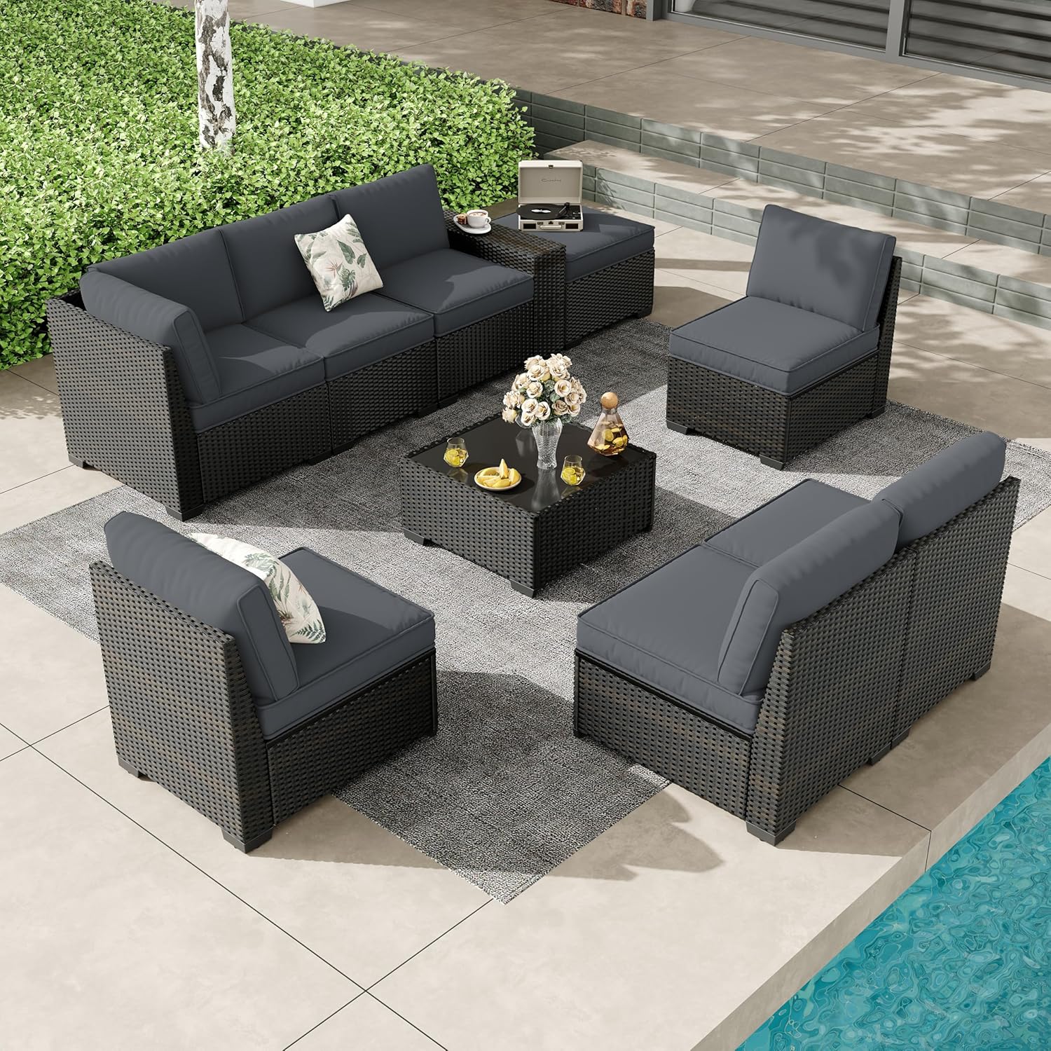 5 Pieces Outdoor Patio Furniture Set, Wicker Conversation Sets with Tea Table, Rattan Patio Sofa with Thick Cushions for Garden, Backyard, Poolside, Party, Beige