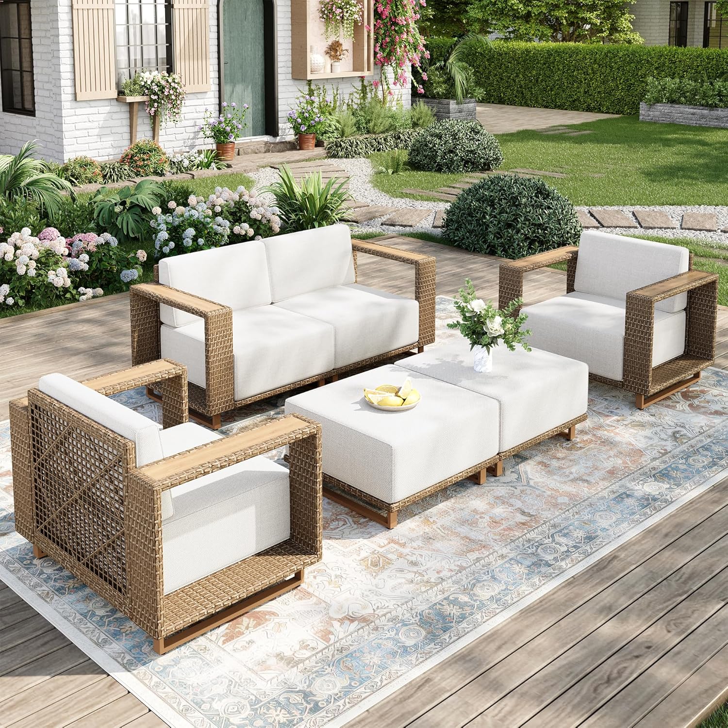 Outdoor Patio Furniture Set, 6 Piece Outdoor Rattan Wicker Sofa Couch Set, Sectional Outdoor Conversation Sets with 10" Extra Thick Cushions for Deck Backyard Lawn