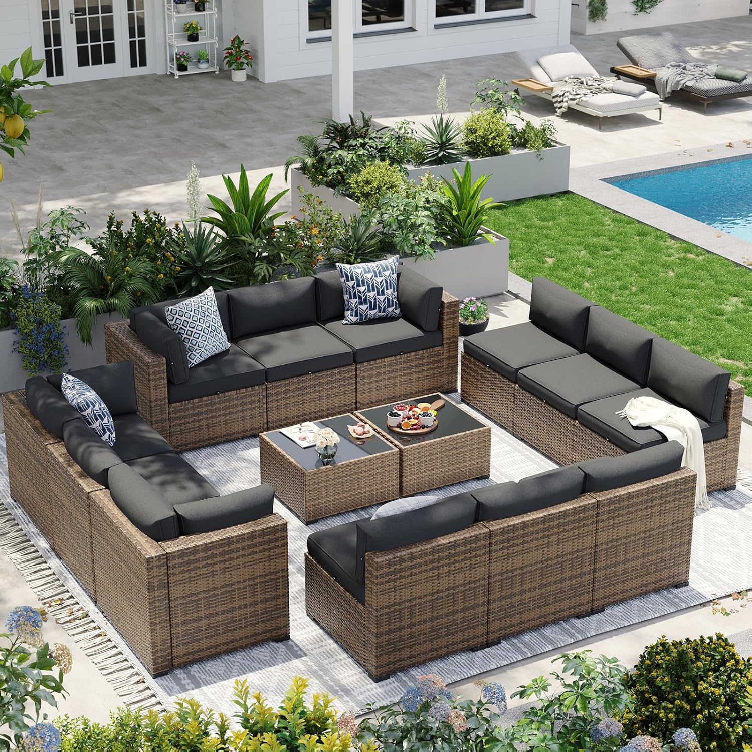 Aoxun Patio Furniture Sets, 7-Piece Outdoor Patio Furniture with Thick Cushions, Wicker Outdoor Conversation Set Sectional Sofa for Backyard, Poolside, Garden