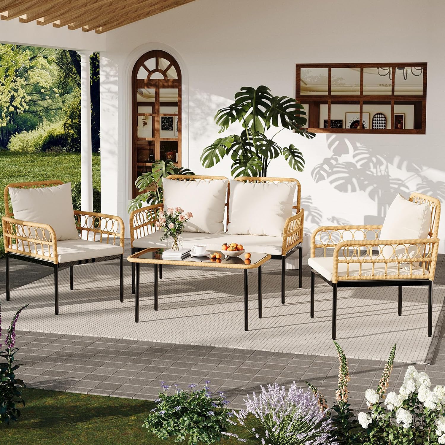 IDEALHOUSE 4-Piece Outdoor Patio Furniture Set, All-Weather PE Rattan Wicker Loveseat & Chairs with Glass Coffee Table & Steel Frame, Boho Conversation Set for Patio, Balcony, Backyard, Beige