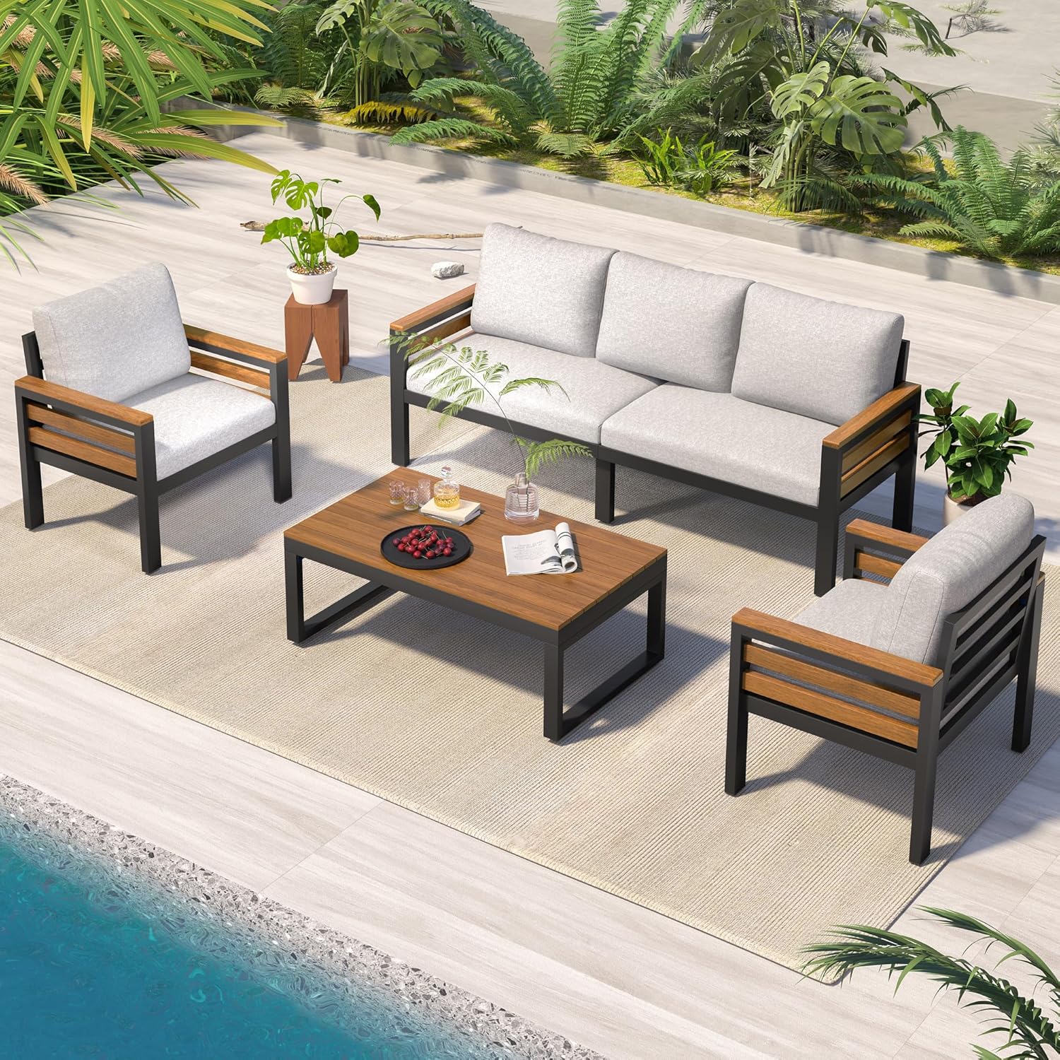 4-Piece Patio Conversation Set, All Weather Sectional Sofa Set w/ 2 Chairs, Loveseat & Table Premium, Acacia Wood Outdoor Furniture Set with Woven Rope Accents and Cushions (Teak+Beige)