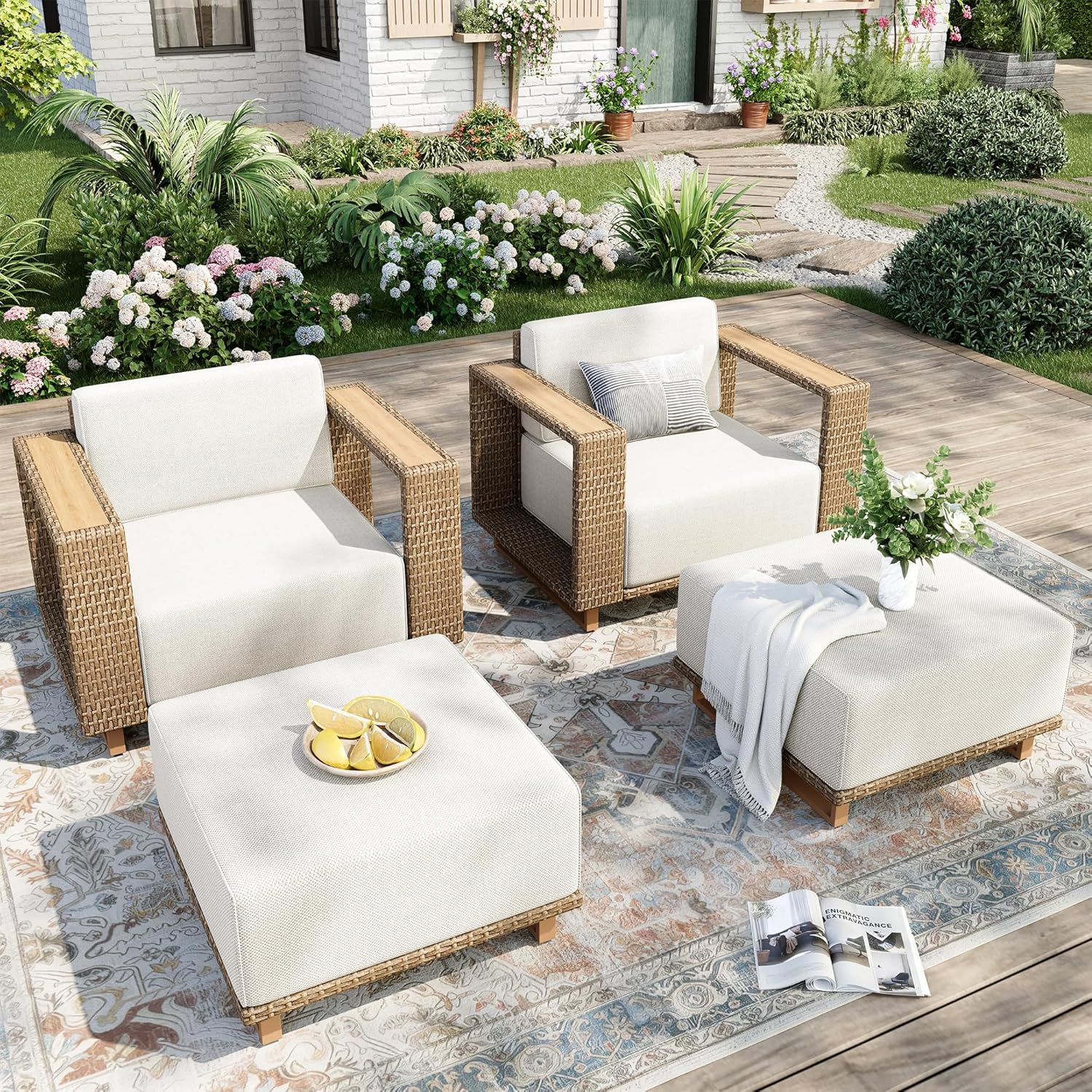 Outdoor Patio Furniture Set, 6 Piece Outdoor Rattan Wicker Sofa Couch Set, Sectional Outdoor Conversation Sets with 10" Extra Thick Cushions for Deck Backyard Lawn