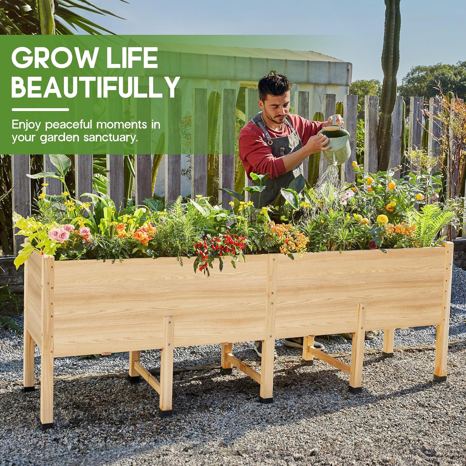 AMERLIFE 8x2 Ft Raised Garden Bed, 16 Inch Depth Featuring Legs, Drainage Holes, Ideal for Deep Rooted Vegetables, Flowers, Herbs, Elevated Wood Planter Box for Balcony, Patio, Backyard, Easy Assembly