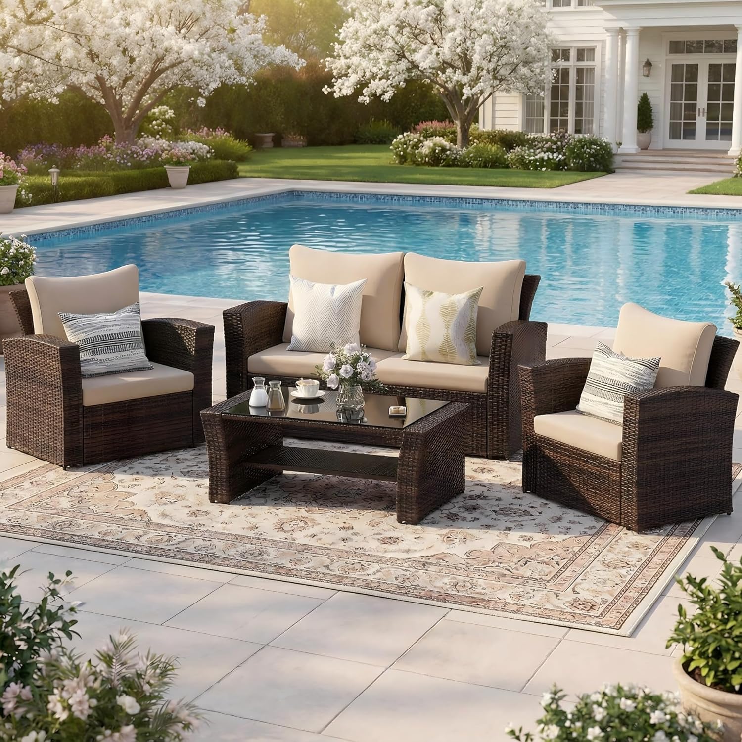 Wisteria Lane 4 Piece Patio Furniture Set, Wicker Outdoor Patio Conversation Furniture Set, All Weather Outdoor Patio Sofa with Cushion and Glass Table, Ash Gray