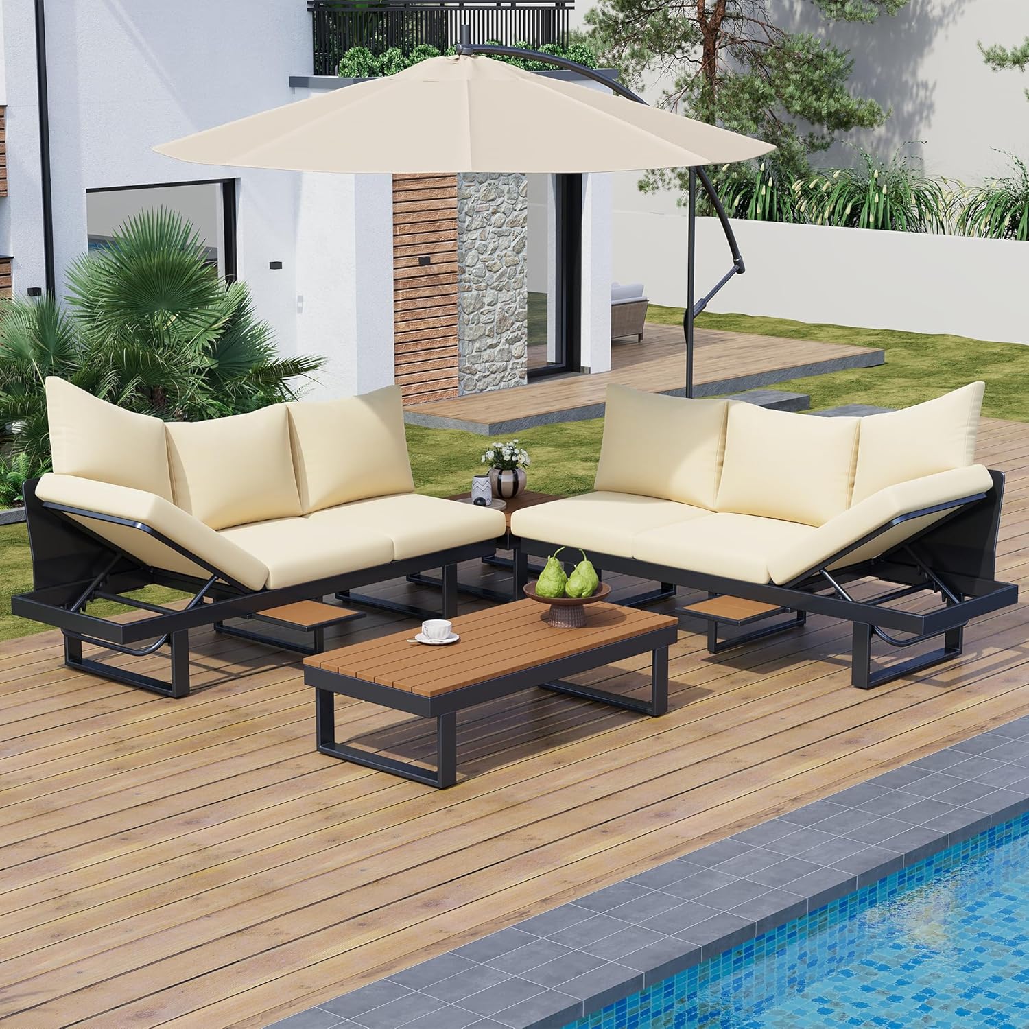 4-Piece Patio Conversation Set, All Weather Sectional Sofa Set w/ 2 Chairs, Loveseat & Table Premium, Acacia Wood Outdoor Furniture Set with Woven Rope Accents and Cushions (Teak+Beige)