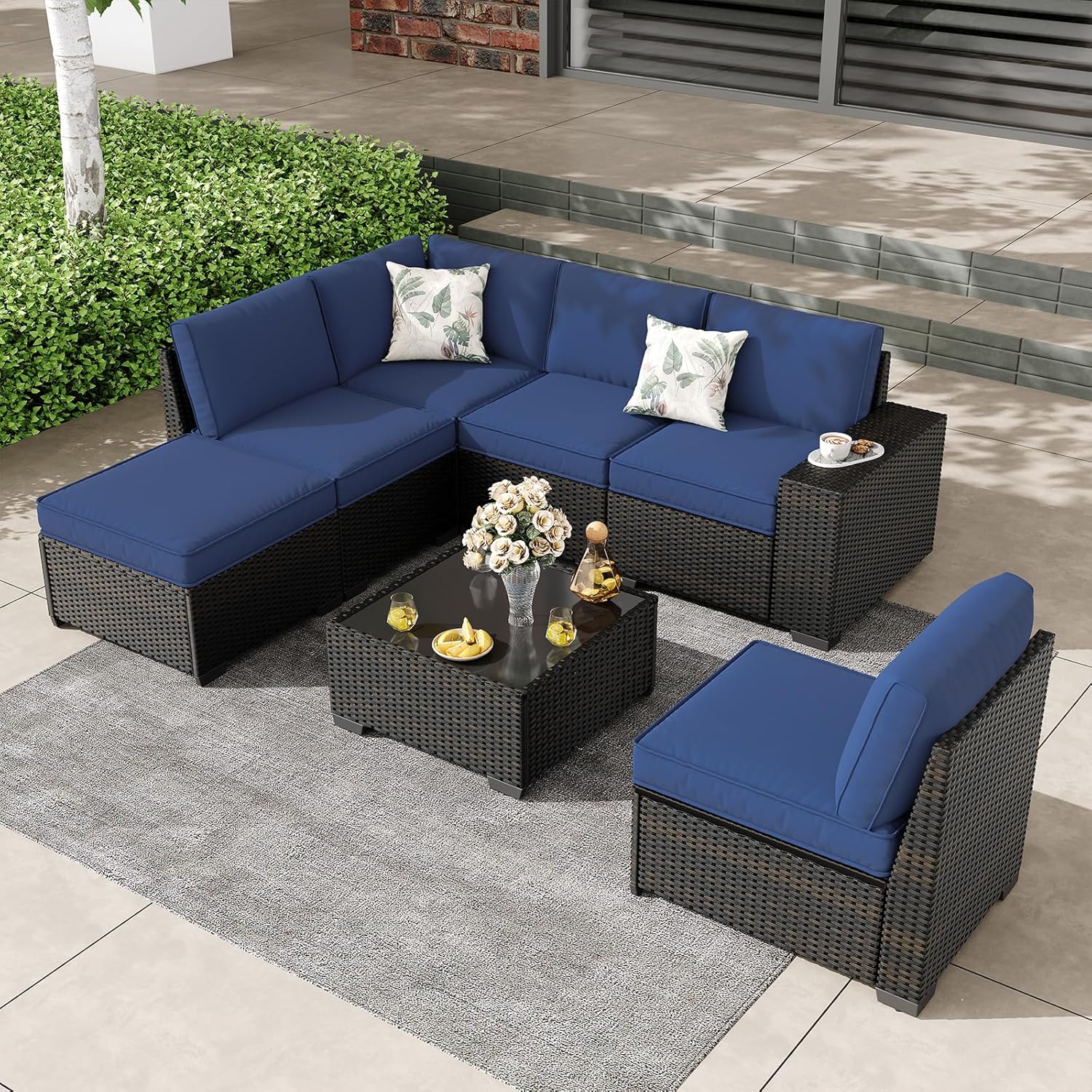 5 Pieces Outdoor Patio Furniture Set, Wicker Conversation Sets with Tea Table, Rattan Patio Sofa with Thick Cushions for Garden, Backyard, Poolside, Party, Beige