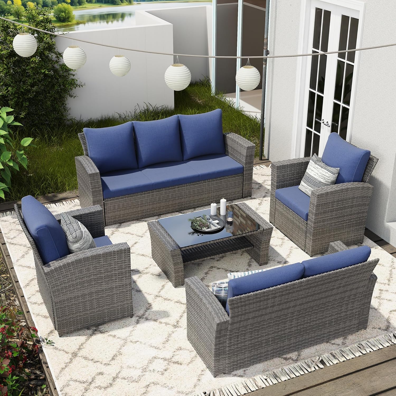 Wisteria Lane 4 Piece Patio Furniture Set, Wicker Outdoor Patio Conversation Furniture Set, All Weather Outdoor Patio Sofa with Cushion and Glass Table, Ash Gray
