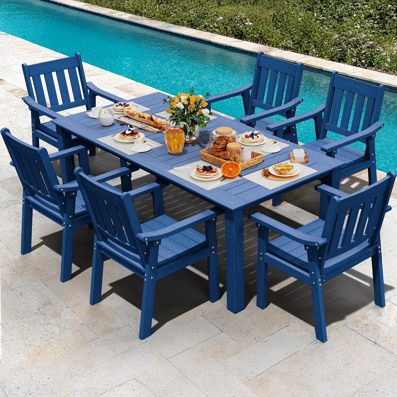 YEFU HIPS Patio Table Set: 7 Piece Outdoor Table and Chairs Dining Furniture Set with Umbrella Hole - Teak Modern Plastic Dining Sets 6 Person for Outside Deck with Metal Aluminum Frame
