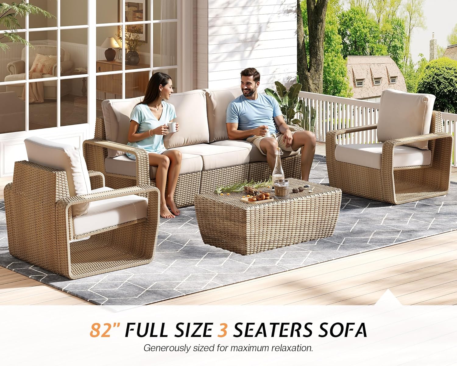 Jocisland 3-Piece Outdoor Patio Furniture Set, 82" Rattan Sofa & 2 Wicker Chairs with Under-Seat Storage, Deep Cushions & High Backrests, for Backyard Small Patios Balconies