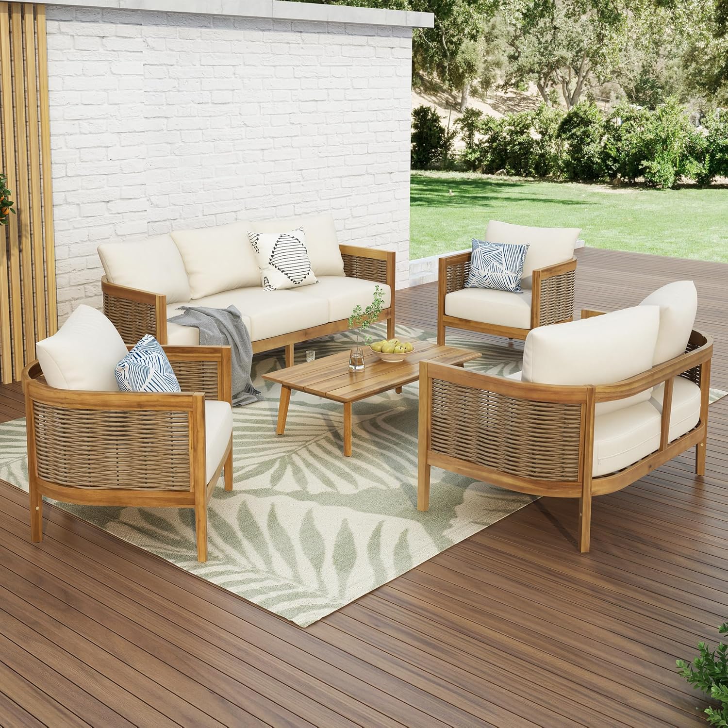 Merax 5-Piece Outdoor Acacia Wood Wicker Conversation Set with 3 Seater Sofa,Loveseat,2 Chairs and Coffetable for Backyard
