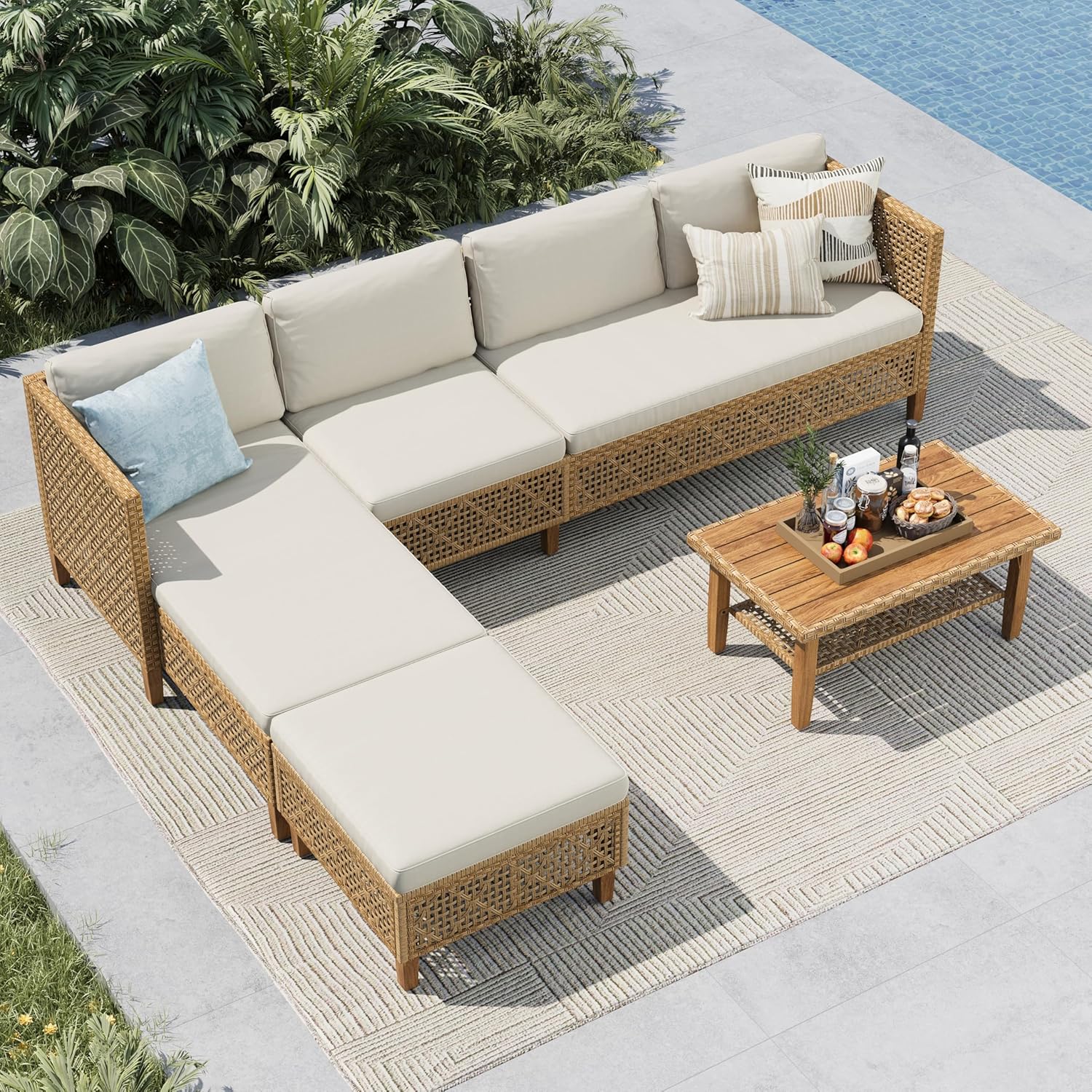 MFSTUDIO L Shaped Outdoor Couch Set, Wicker Patio Furniture Set, Rattan Outdoor Sectional Sofa with Acacia Wood Coffee Table, 3 Pieces Small Patio Conversation Set for Backyard, Beige