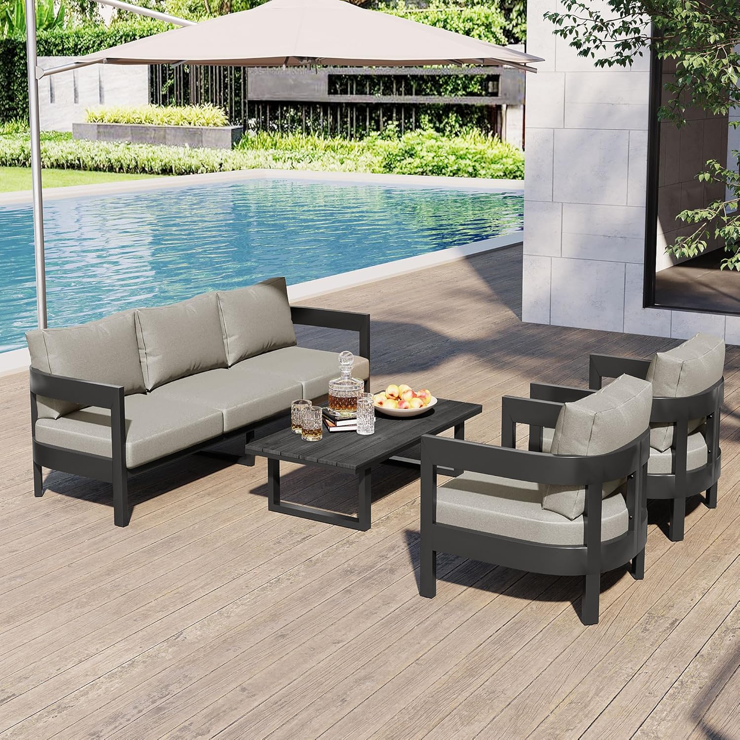 4-Piece Patio Conversation Set, All Weather Sectional Sofa Set w/ 2 Chairs, Loveseat & Table Premium, Acacia Wood Outdoor Furniture Set with Woven Rope Accents and Cushions (Teak+Beige)