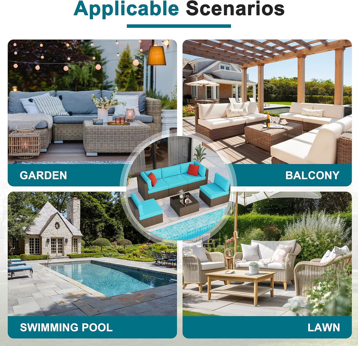 Shintenchi 6 Pieces Patio Furniture Sets Outdoor All-Weather Sectional Patio Sofa Set PE Rattan Manual Weaving Wicker Patio Conversation Set with Glass Table&Ottoman Cushion and Red Pillows, Blue