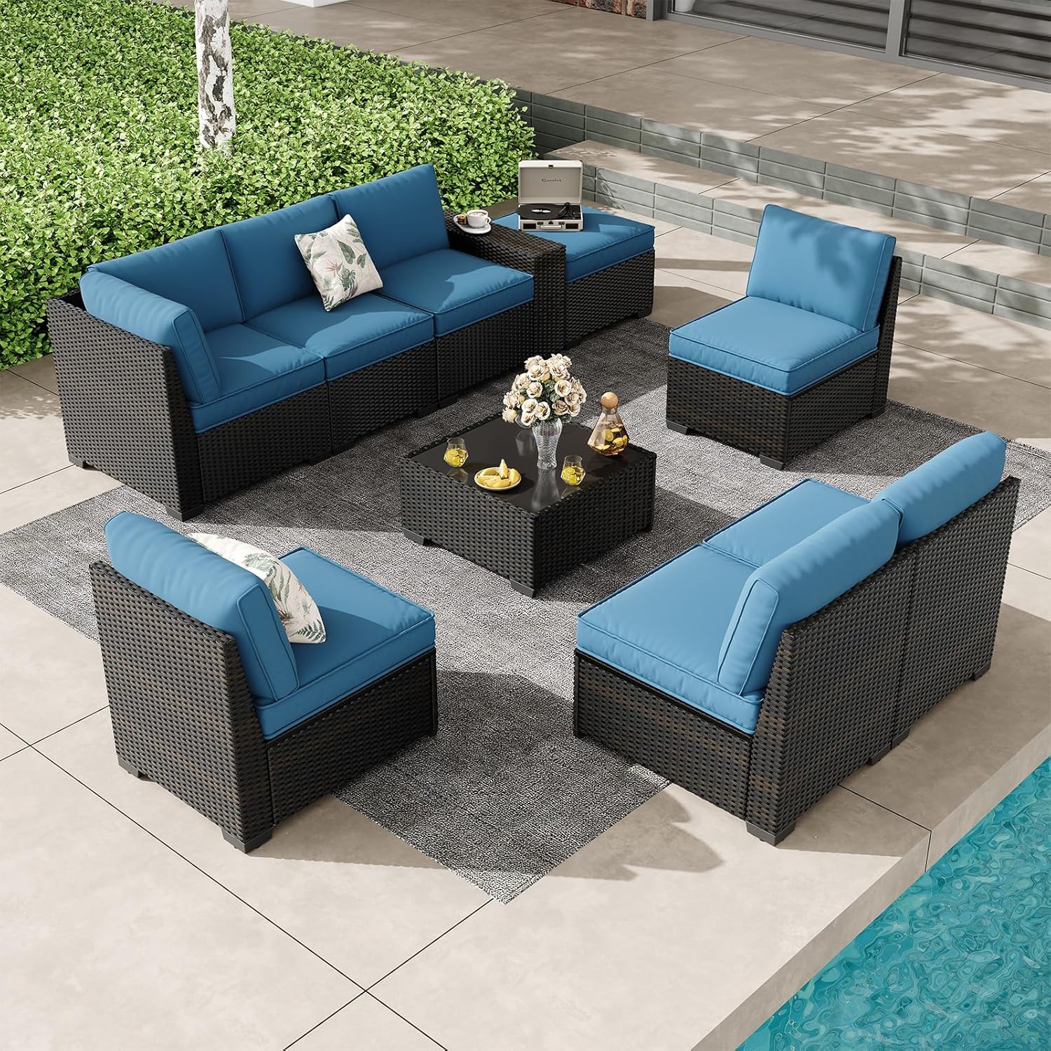 5 Pieces Outdoor Patio Furniture Set, Wicker Conversation Sets with Tea Table, Rattan Patio Sofa with Thick Cushions for Garden, Backyard, Poolside, Party, Beige