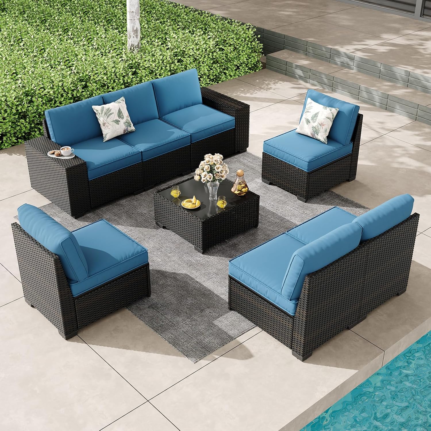 5 Pieces Outdoor Patio Furniture Set, Wicker Conversation Sets with Tea Table, Rattan Patio Sofa with Thick Cushions for Garden, Backyard, Poolside, Party, Beige