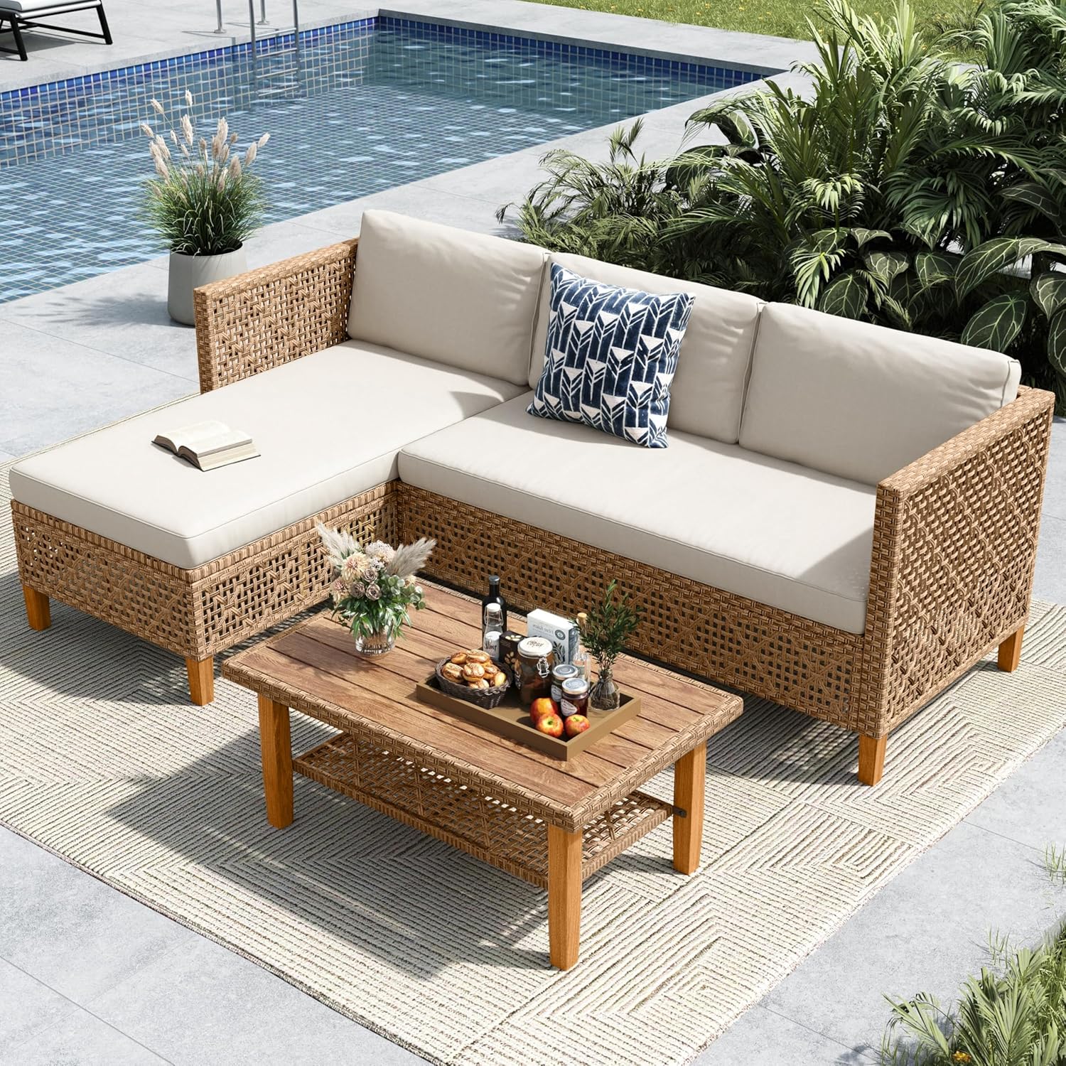 MFSTUDIO L Shaped Outdoor Couch Set, Wicker Patio Furniture Set, Rattan Outdoor Sectional Sofa with Acacia Wood Coffee Table, 3 Pieces Small Patio Conversation Set for Backyard, Beige