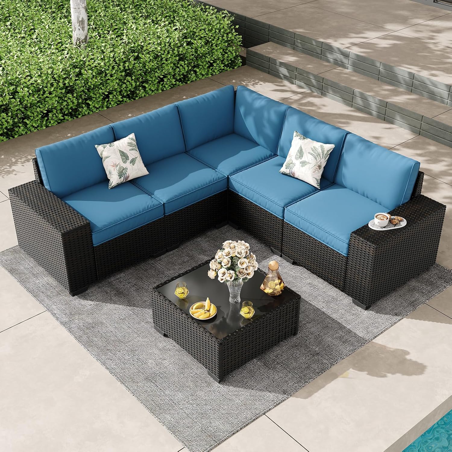 5 Pieces Outdoor Patio Furniture Set, Wicker Conversation Sets with Tea Table, Rattan Patio Sofa with Thick Cushions for Garden, Backyard, Poolside, Party, Beige