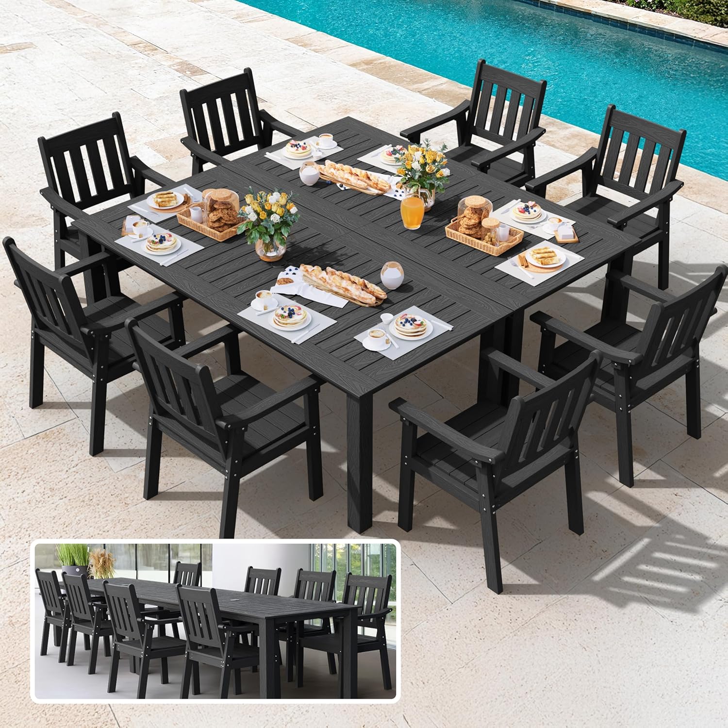 YEFU HIPS Patio Table Set: 7 Piece Outdoor Table and Chairs Dining Furniture Set with Umbrella Hole - Teak Modern Plastic Dining Sets 6 Person for Outside Deck with Metal Aluminum Frame