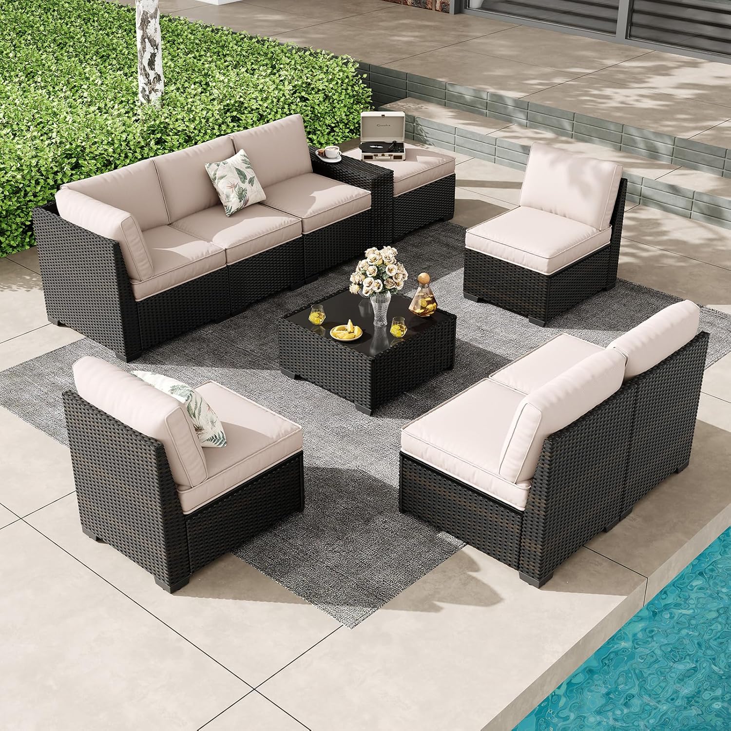 5 Pieces Outdoor Patio Furniture Set, Wicker Conversation Sets with Tea Table, Rattan Patio Sofa with Thick Cushions for Garden, Backyard, Poolside, Party, Beige
