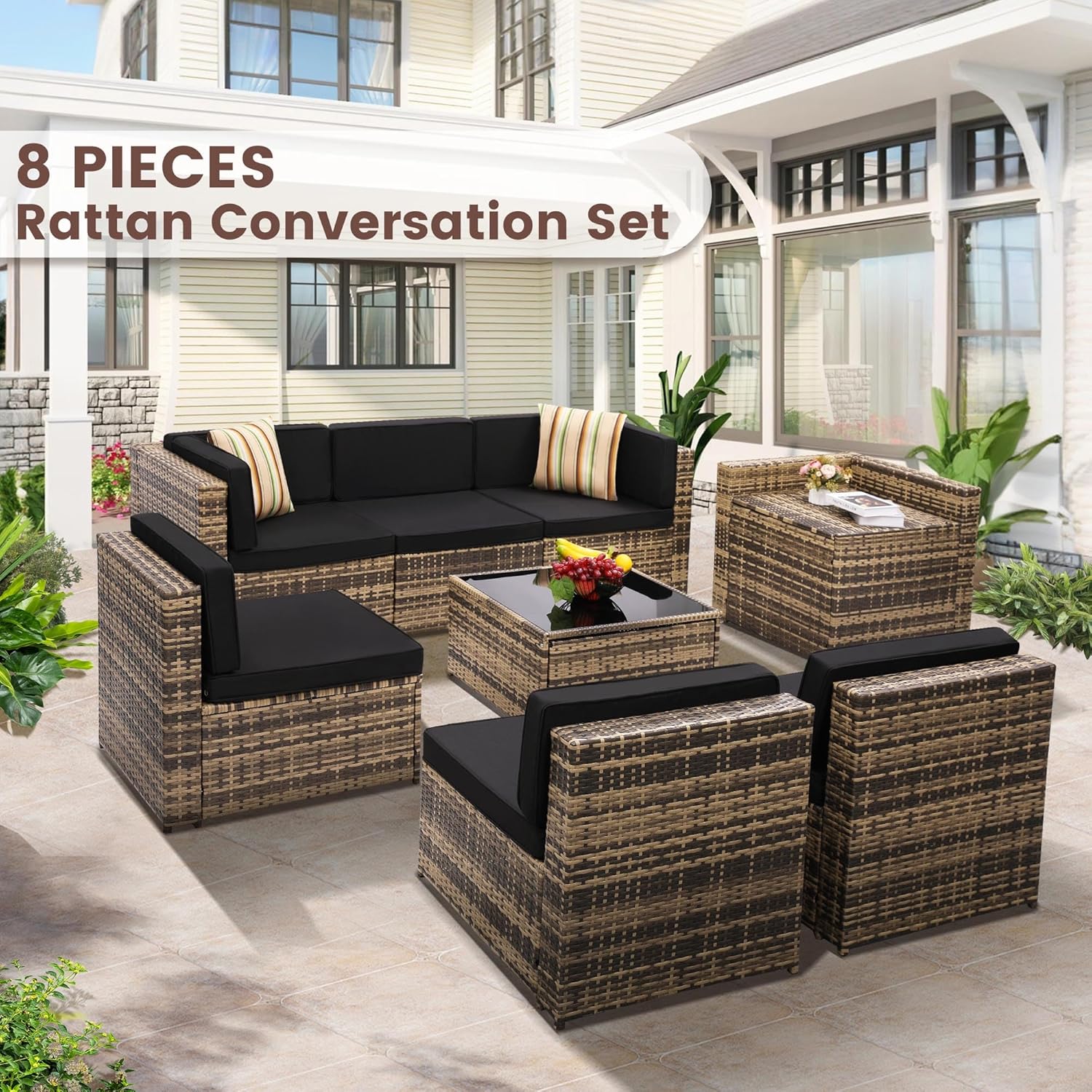 8 Pieces Outdoor Wicker Rattan Patio Furniture Sectional Set, Glass Top Table with Hidden Storage, 7 Sofa Sections, Oversized Cushions, Natural Color Rattan with Black Cushion