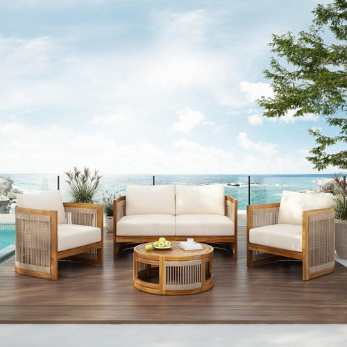 4-Piece Patio Conversation Set, All Weather Sectional Sofa Set w/ 2 Chairs, Loveseat & Table Premium, Acacia Wood Outdoor Furniture Set with Woven Rope Accents and Cushions (Teak+Beige)