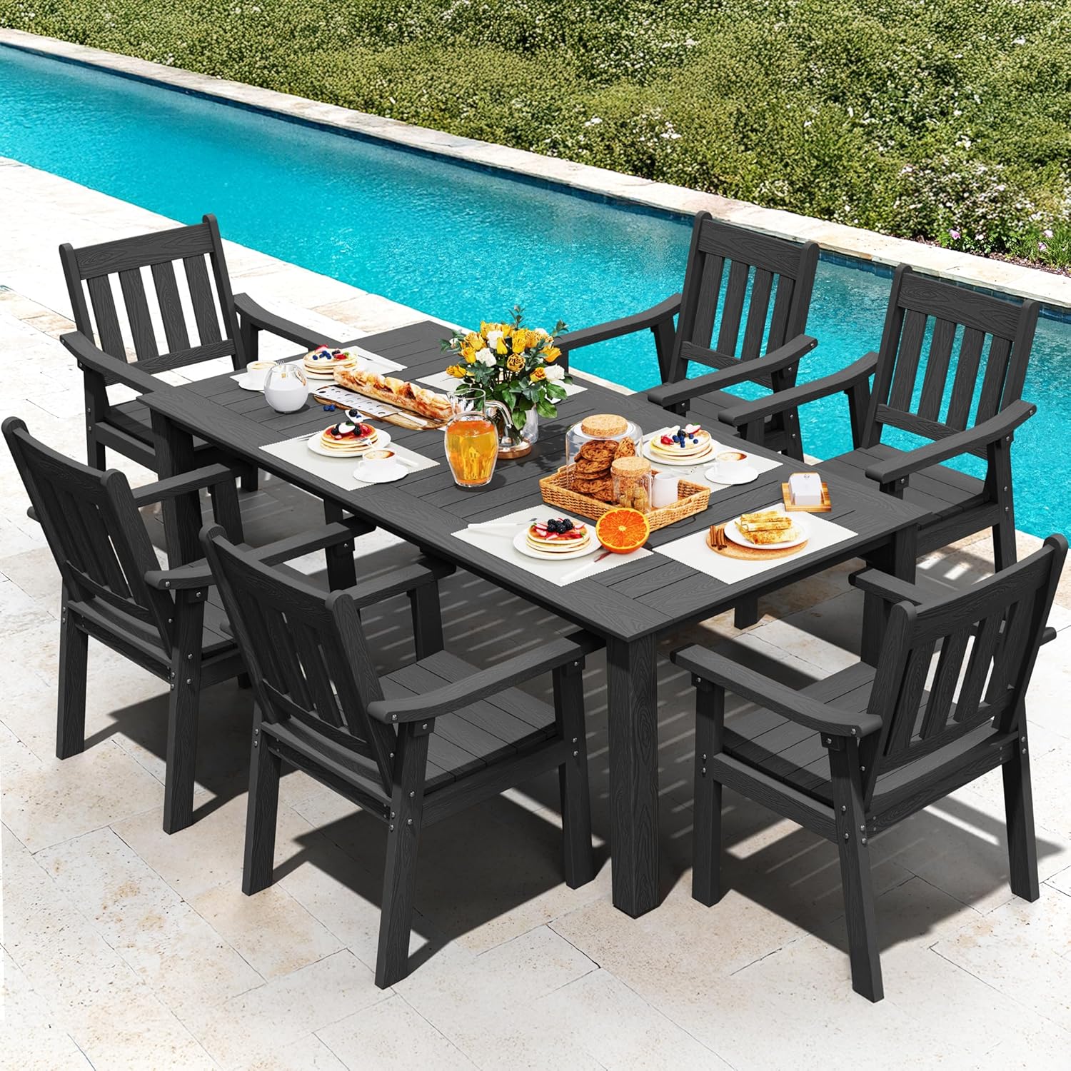 YEFU HIPS Patio Table Set: 7 Piece Outdoor Table and Chairs Dining Furniture Set with Umbrella Hole - Teak Modern Plastic Dining Sets 6 Person for Outside Deck with Metal Aluminum Frame