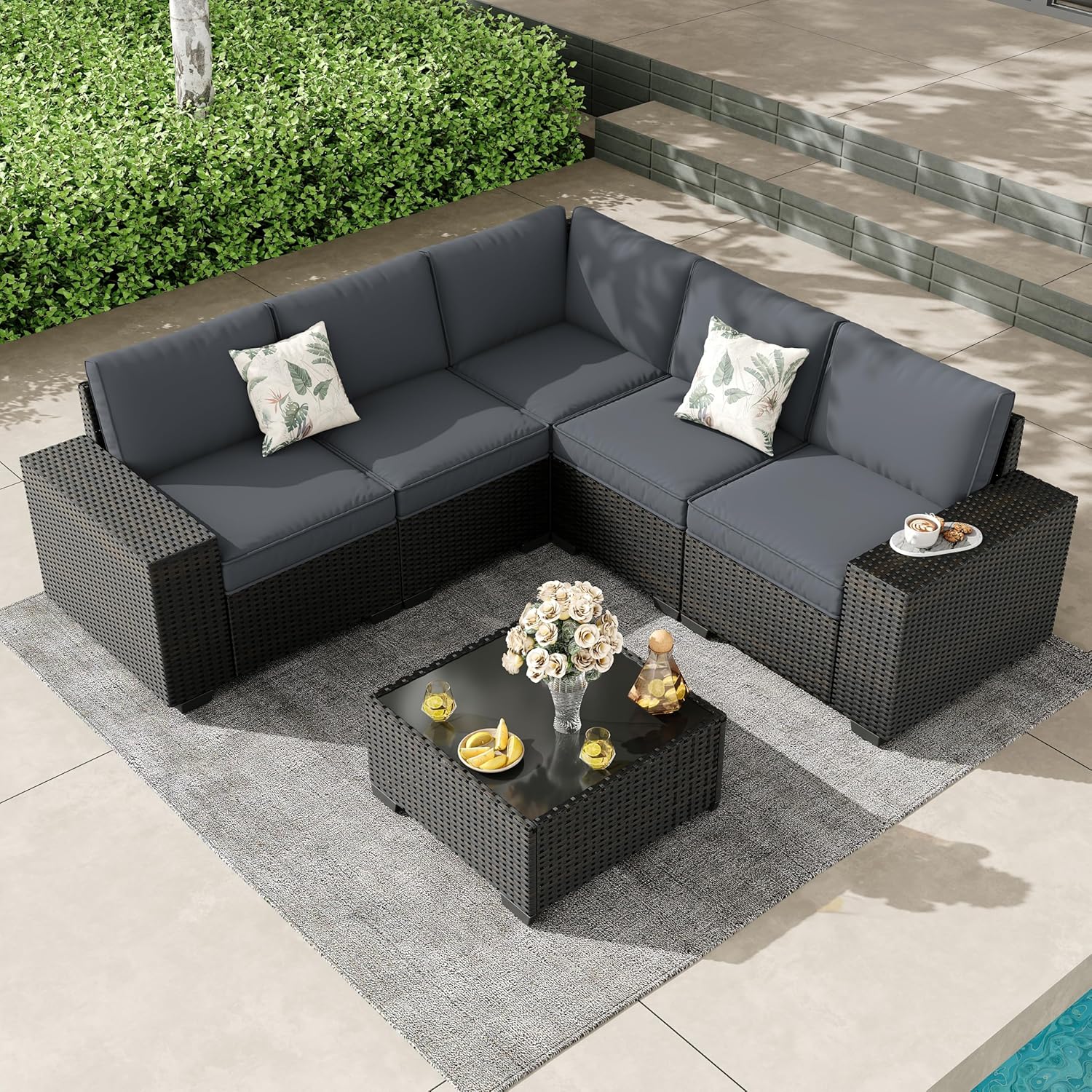 5 Pieces Outdoor Patio Furniture Set, Wicker Conversation Sets with Tea Table, Rattan Patio Sofa with Thick Cushions for Garden, Backyard, Poolside, Party, Beige