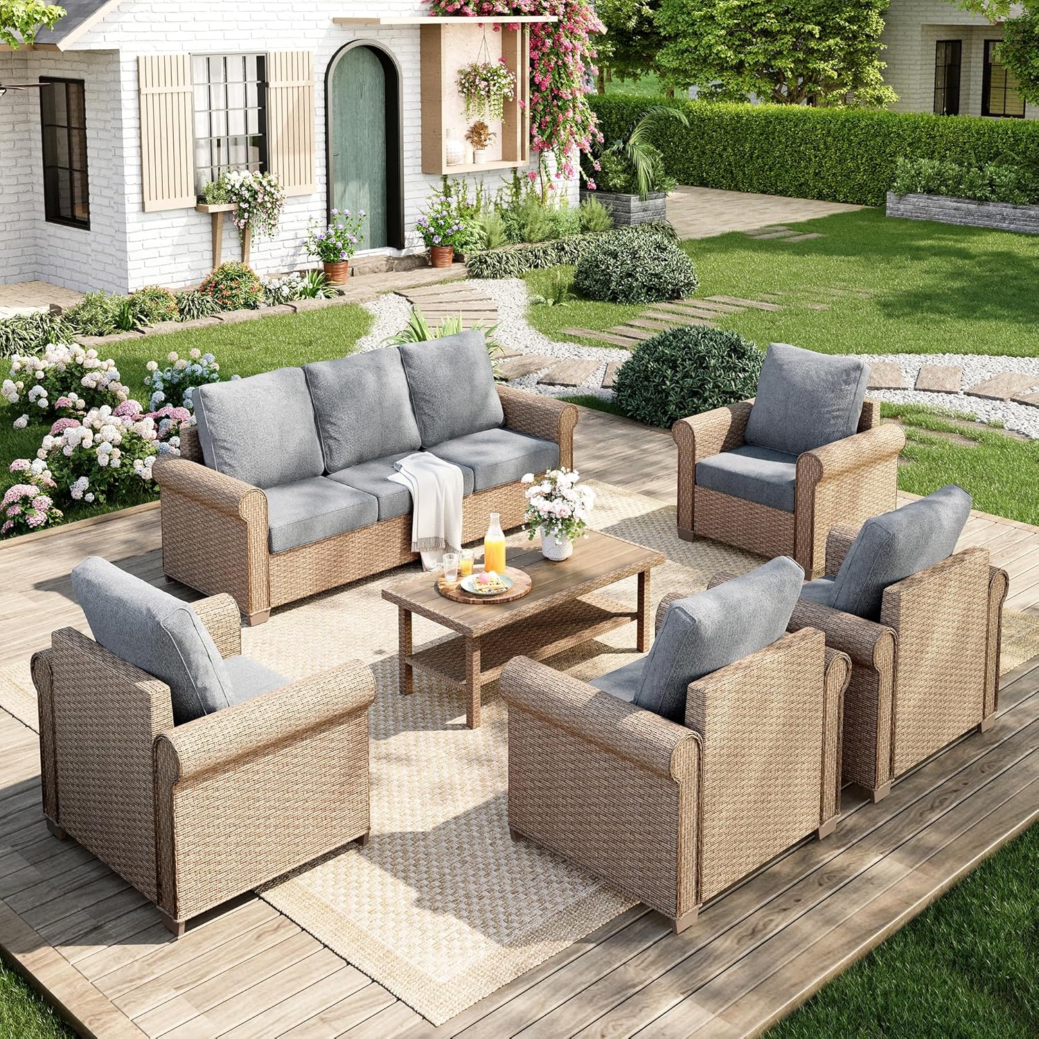 Patio Furniture Set 4 pcs, Wicker Outdoor Patio Furniture, 3-Seat Sofa, 2 Single Chairs and Coffee Table, Rattan Patio Conversation Set for Backyard Deck, Beige