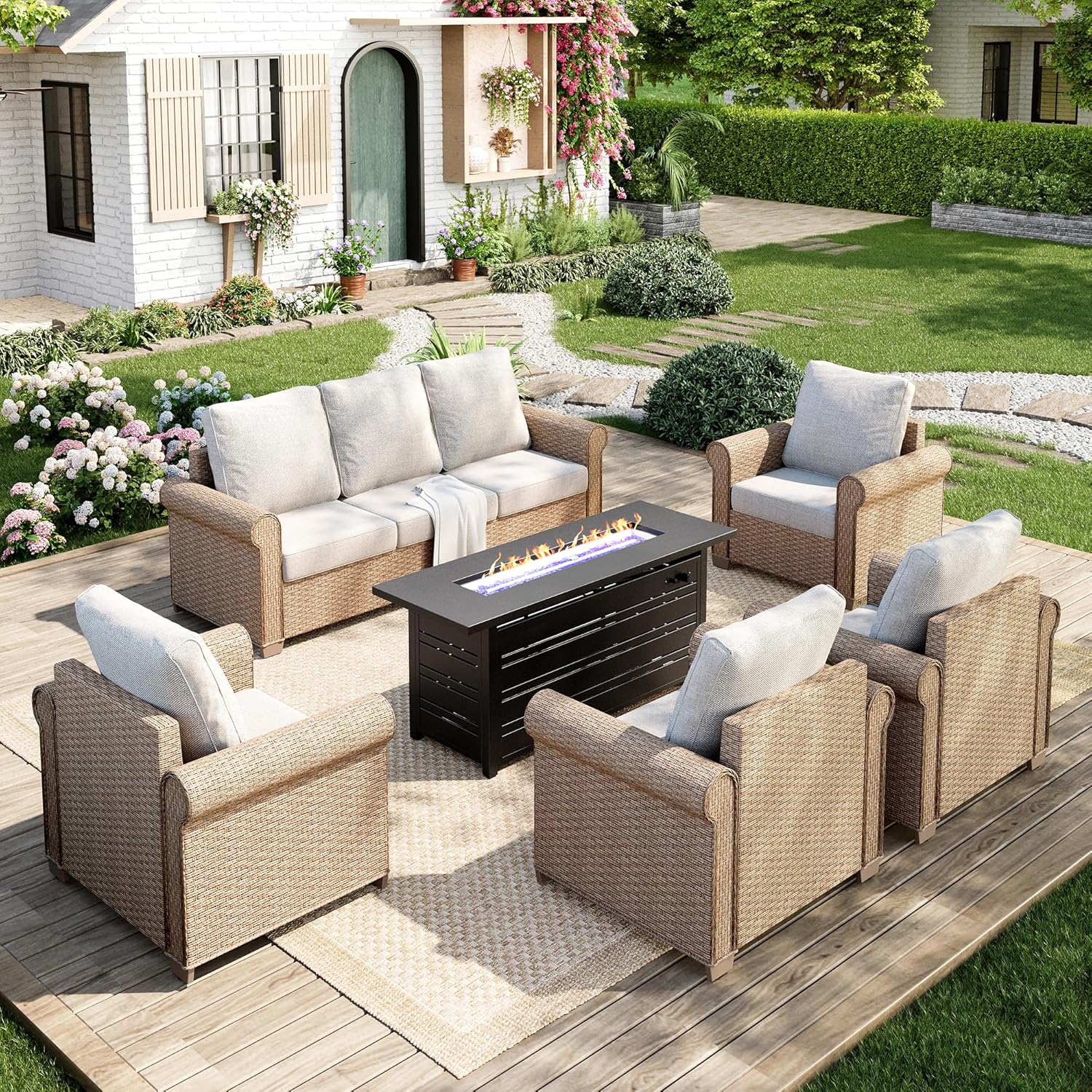 Patio Furniture Set 4 pcs, Wicker Outdoor Patio Furniture, 3-Seat Sofa, 2 Single Chairs and Coffee Table, Rattan Patio Conversation Set for Backyard Deck, Beige