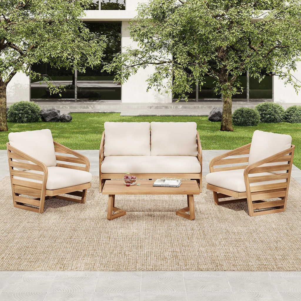 4-Piece Patio Conversation Set, All Weather Sectional Sofa Set w/ 2 Chairs, Loveseat & Table Premium, Acacia Wood Outdoor Furniture Set with Woven Rope Accents and Cushions (Teak+Beige)