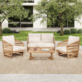 4-Piece Patio Conversation Set, All Weather Sectional Sofa Set w/ 2 Chairs, Loveseat & Table Premium, Acacia Wood Outdoor Furniture Set with Woven Rope Accents and Cushions (Teak+Beige)