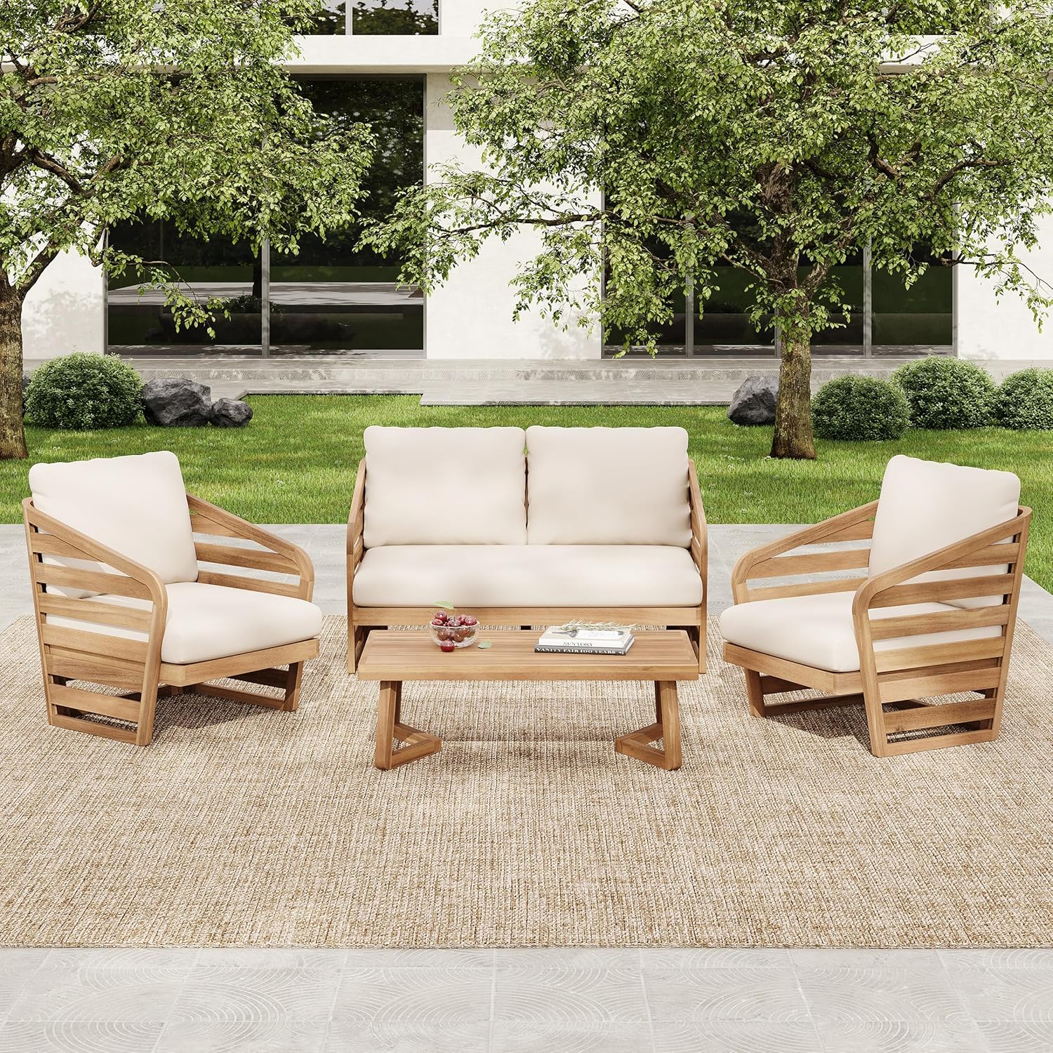 4-Piece Patio Conversation Set, All Weather Sectional Sofa Set w/ 2 Chairs, Loveseat & Table Premium, Acacia Wood Outdoor Furniture Set with Woven Rope Accents and Cushions (Teak+Beige)