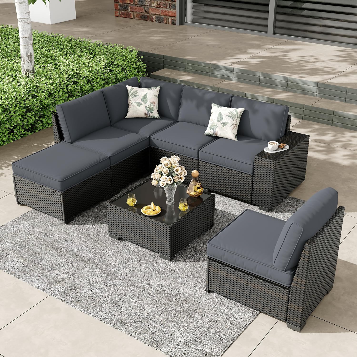 5 Pieces Outdoor Patio Furniture Set, Wicker Conversation Sets with Tea Table, Rattan Patio Sofa with Thick Cushions for Garden, Backyard, Poolside, Party, Beige