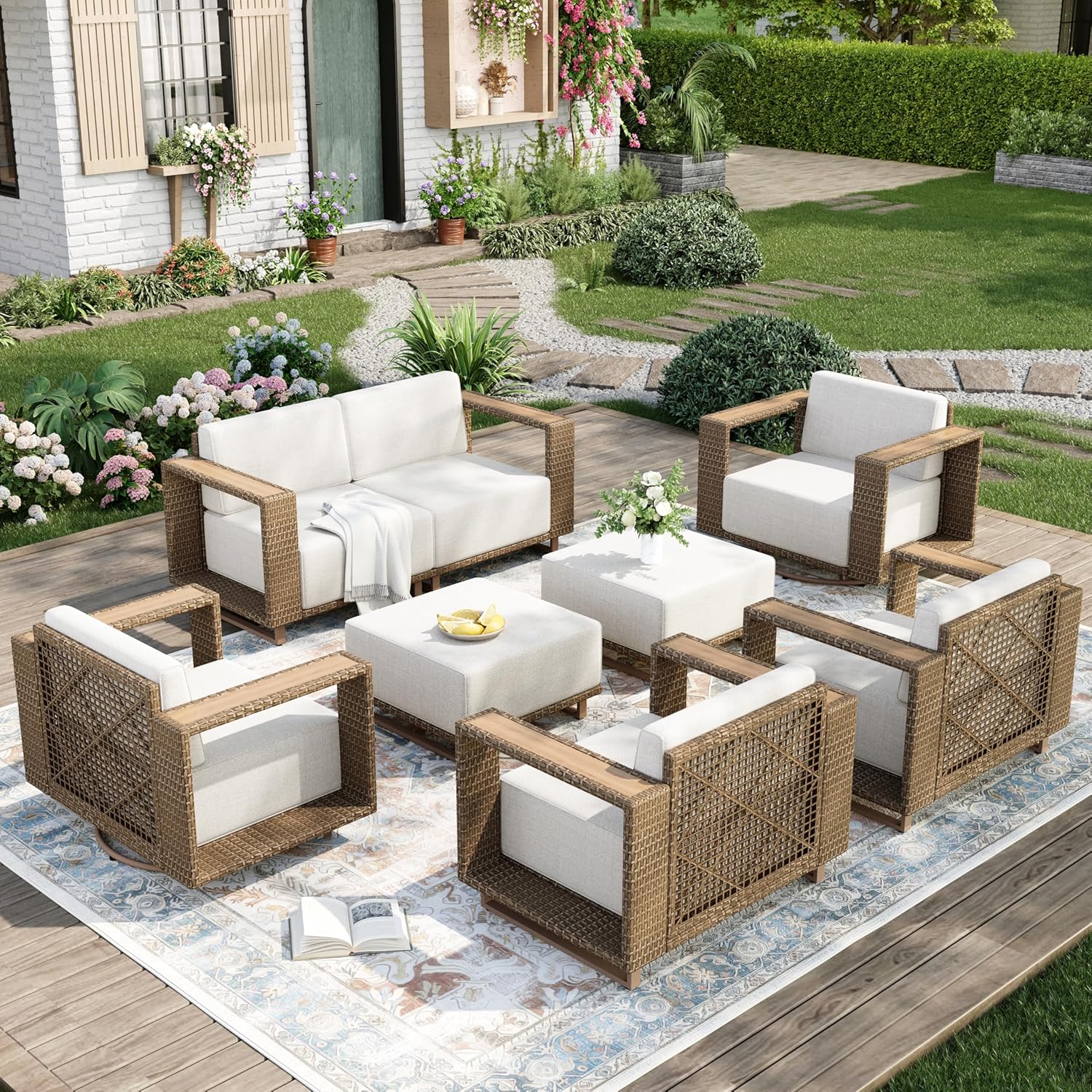 Outdoor Patio Furniture Set, 6 Piece Outdoor Rattan Wicker Sofa Couch Set, Sectional Outdoor Conversation Sets with 10" Extra Thick Cushions for Deck Backyard Lawn